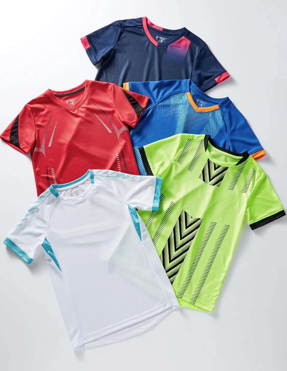 5 Pack Boys Athletic Shirts, Youth Activewear Dry Fit Tshirts for Kids, Short Sleeve Tees, Bulk Athletic Performance Clothing