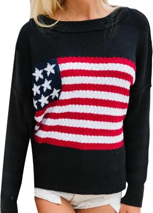 Adoeren Women American Flag Sweater Vintage Long Sleeve Crewneck Knitted Jumper Oversized Aesthetic Knit Pullover Top
