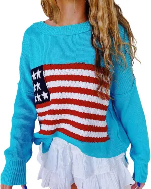 Adoeren Women American Flag Sweater Vintage Long Sleeve Crewneck Knitted Jumper Oversized Aesthetic Knit Pullover Top