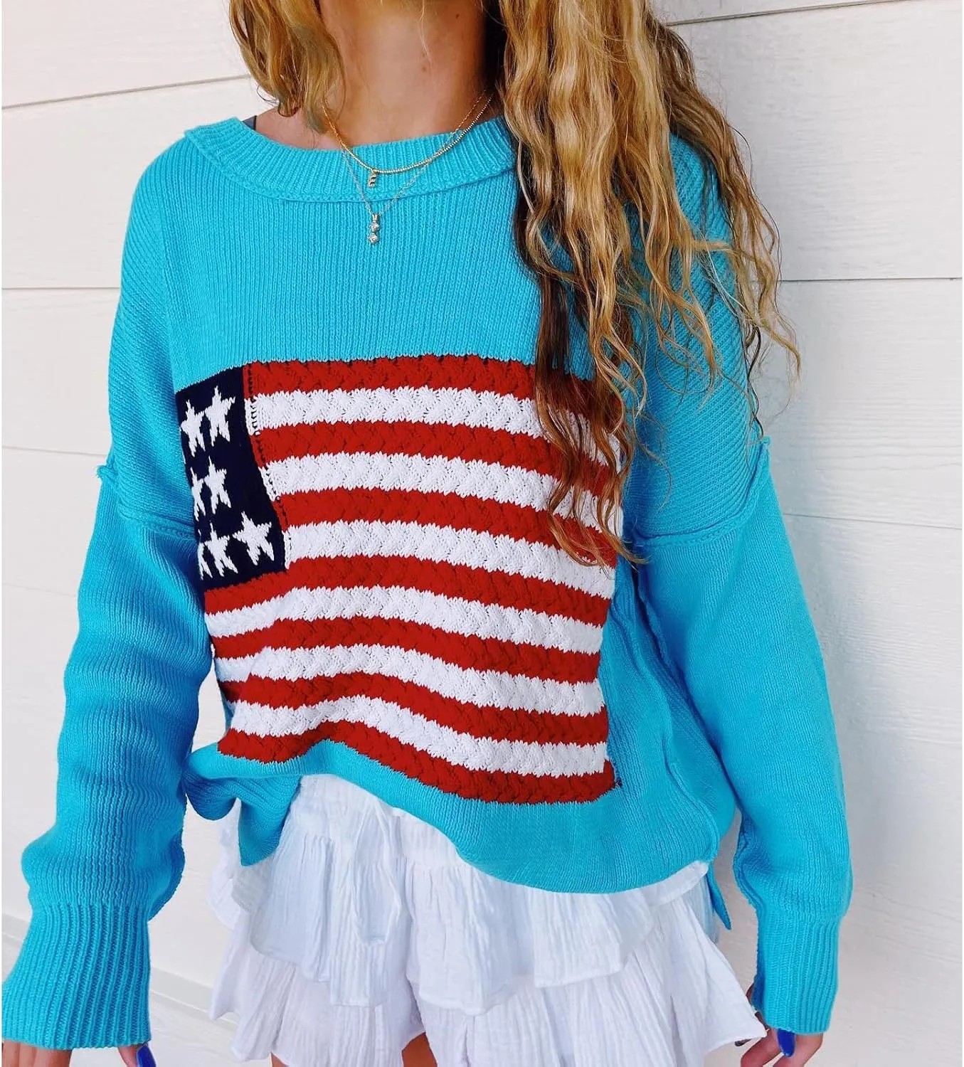 Adoeren Women American Flag Sweater Vintage Long Sleeve Crewneck Knitted Jumper Oversized Aesthetic Knit Pullover Top