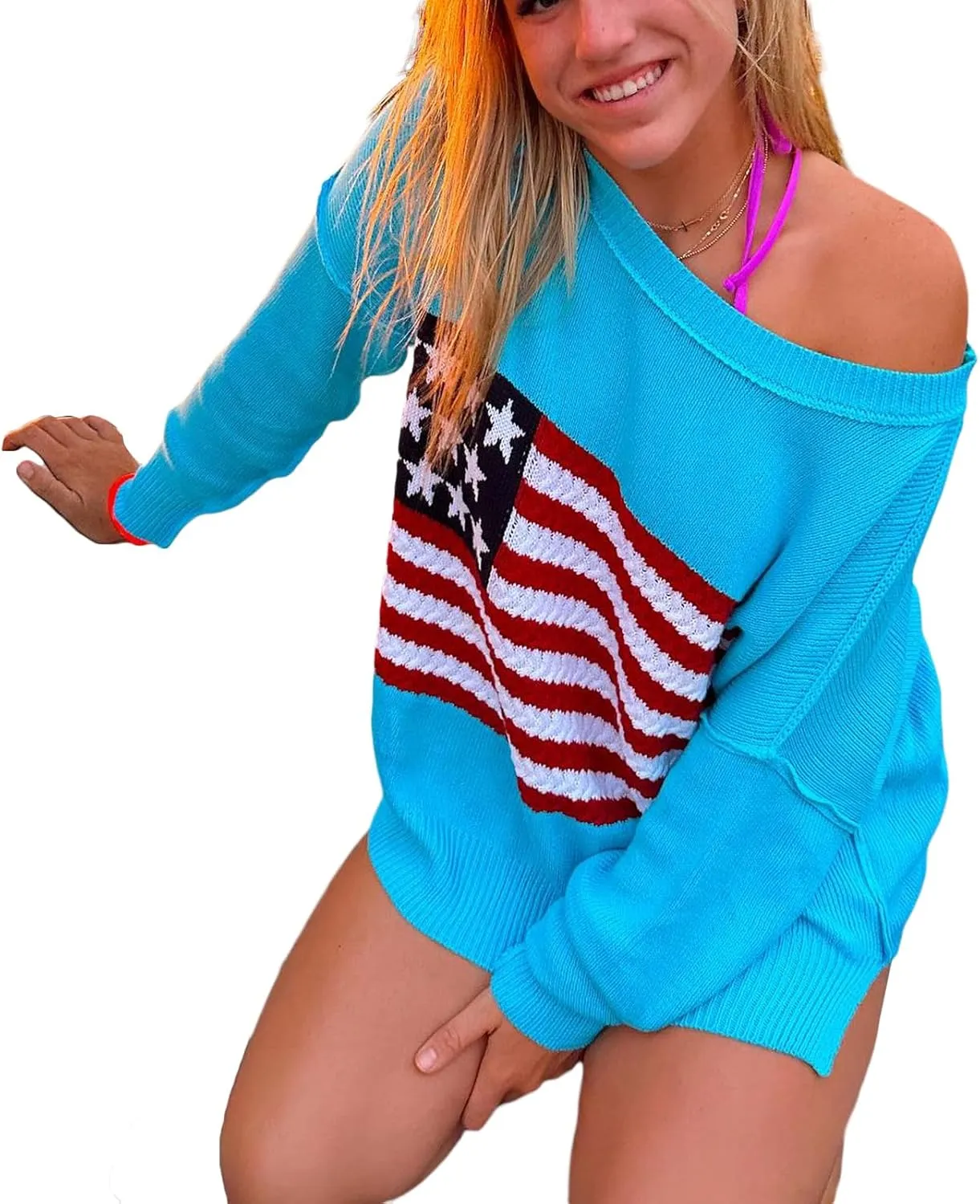Adoeren Women American Flag Sweater Vintage Long Sleeve Crewneck Knitted Jumper Oversized Aesthetic Knit Pullover Top