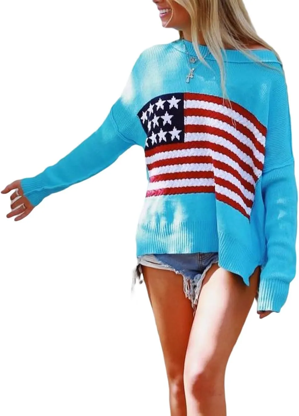 Adoeren Women American Flag Sweater Vintage Long Sleeve Crewneck Knitted Jumper Oversized Aesthetic Knit Pullover Top