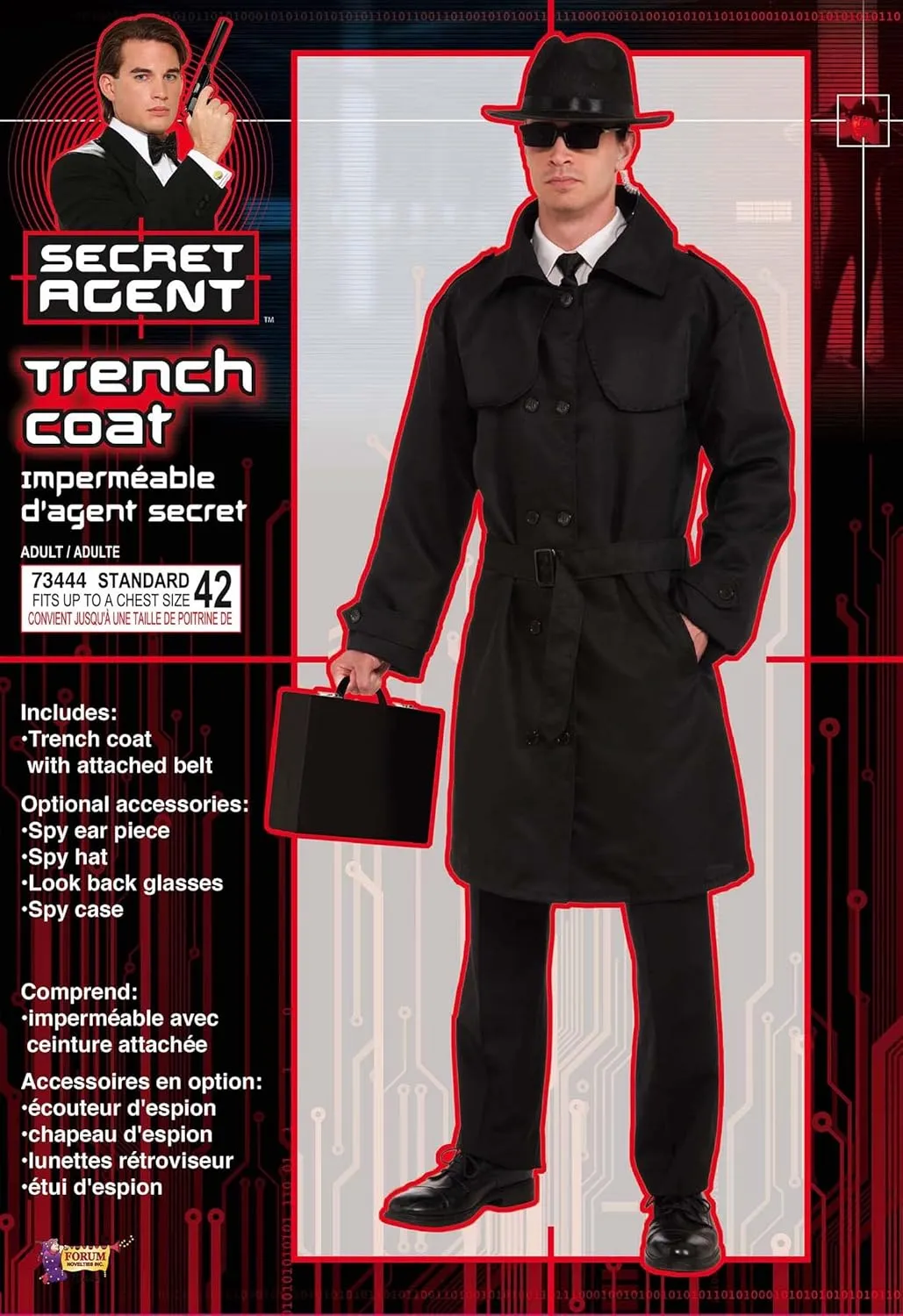 Adult Secret Agent Spy Costume Trench Coat, Black, Standard