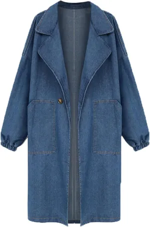 ALSOGO Womens Lapel Denim Trench Coat Long Sleeve Jean Jacket Mid Long Trucker Jackets Outercoat