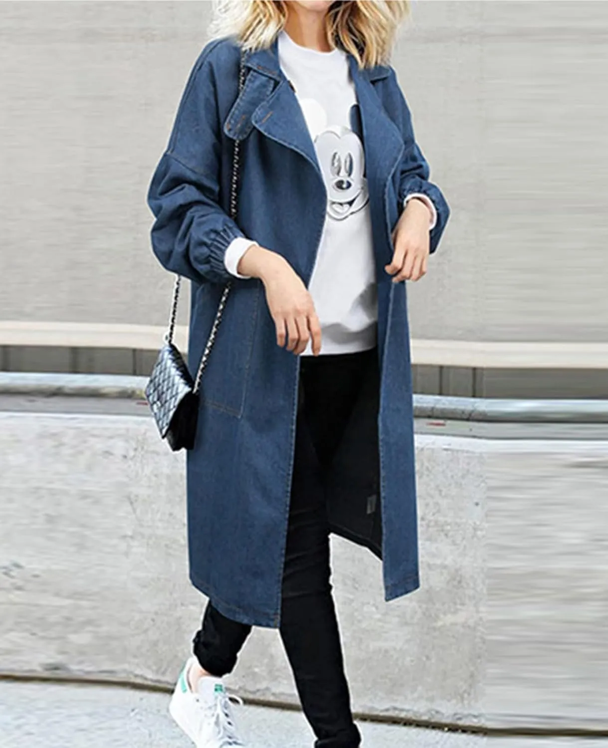 ALSOGO Womens Lapel Denim Trench Coat Long Sleeve Jean Jacket Mid Long Trucker Jackets Outercoat
