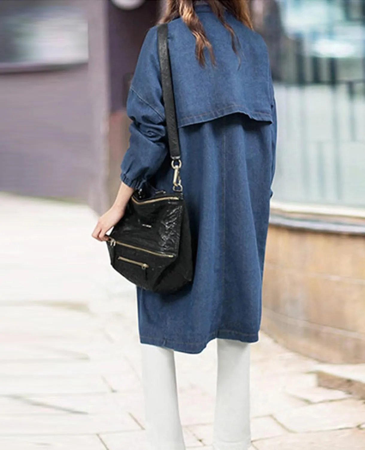 ALSOGO Womens Lapel Denim Trench Coat Long Sleeve Jean Jacket Mid Long Trucker Jackets Outercoat