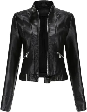 Autumn Spring Women's Faux Leather Moto Biker Jacket With Zipper Fashionable And Versatile Motorcycle Jacket