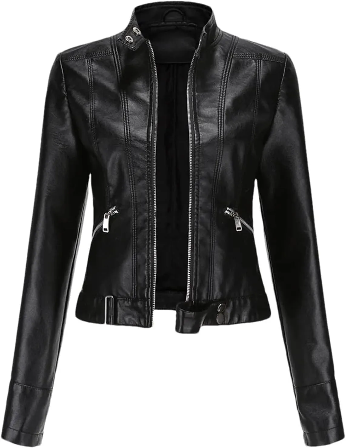 Autumn Spring Women's Faux Leather Moto Biker Jacket With Zipper Fashionable And Versatile Motorcycle Jacket