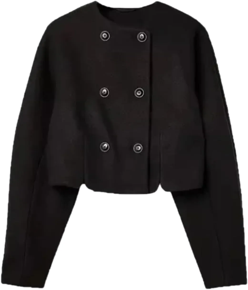 Autumn Vintage Wool Blends Coat Women Double Breasted O Neck Long Sleeve Short Jackets Female Street Chic Outerwear