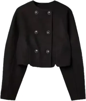 Autumn Vintage Wool Blends Coat Women Double Breasted O Neck Long Sleeve Short Jackets Female Street Chic Outerwear