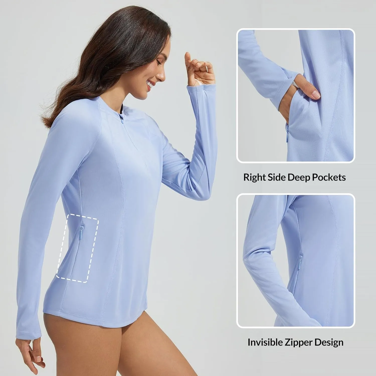 baleaf Women's 1/4 Zip Rash Guard Swim Shirts with Zipper Pocket UPF 50  Long Sleeve Sun Protection Swimsuit Tops