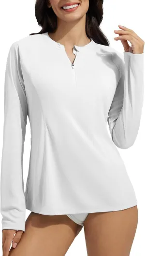 baleaf Women's 1/4 Zip Rash Guard Swim Shirts with Zipper Pocket UPF 50  Long Sleeve Sun Protection Swimsuit Tops