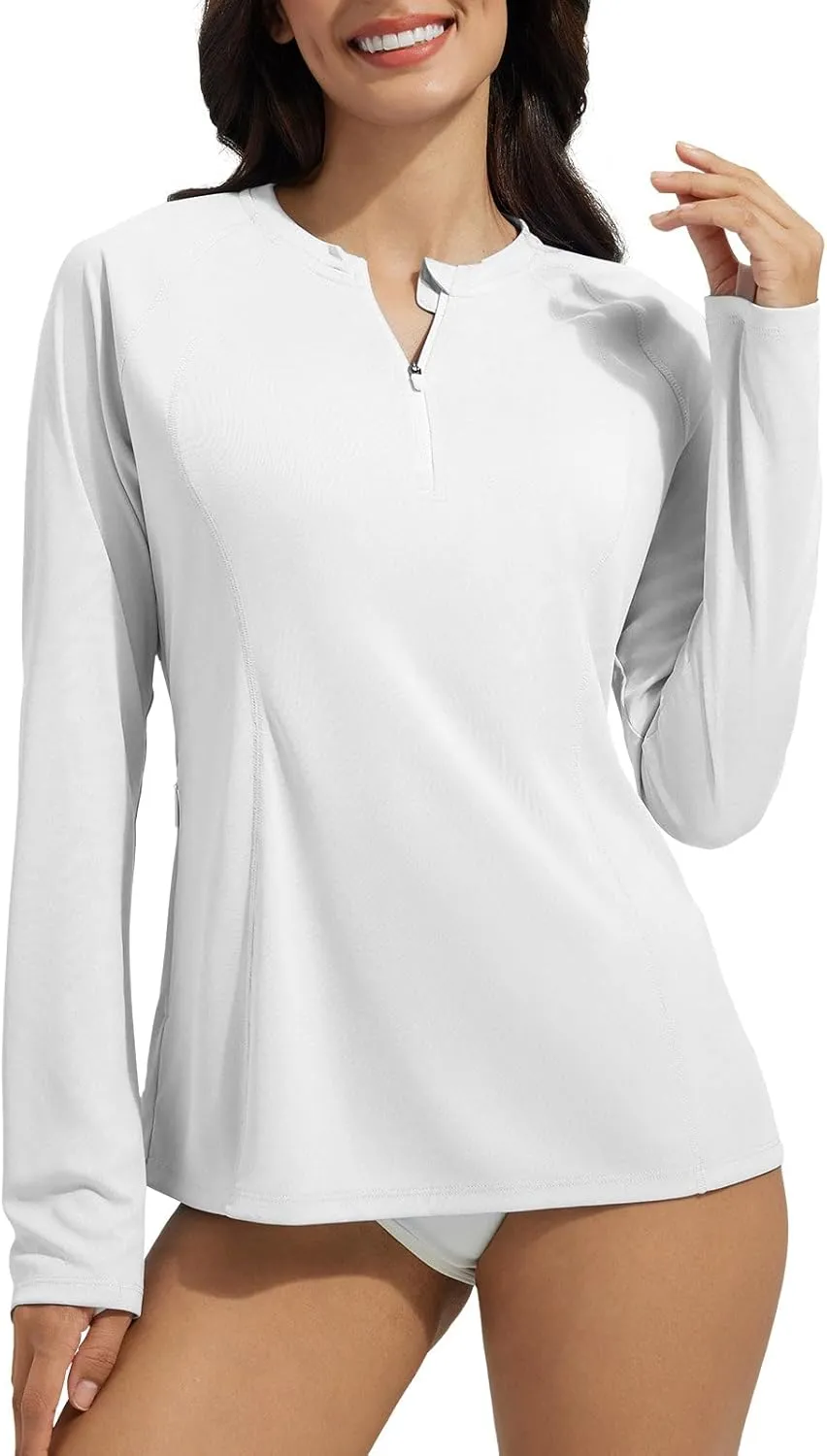 baleaf Women's 1/4 Zip Rash Guard Swim Shirts with Zipper Pocket UPF 50  Long Sleeve Sun Protection Swimsuit Tops