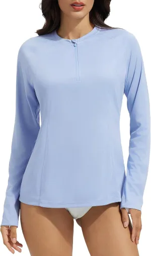 baleaf Women's 1/4 Zip Rash Guard Swim Shirts with Zipper Pocket UPF 50  Long Sleeve Sun Protection Swimsuit Tops