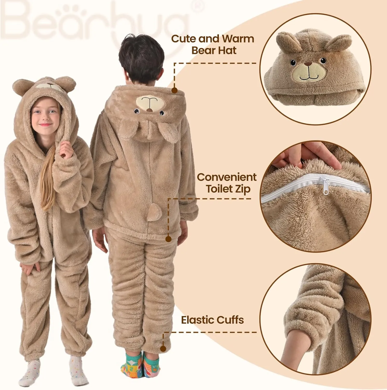 Bearhug Wearable Blanket Hoodie for Kids Soft Cozy Fleece Bear Costume Animal Onesies Pajamas Halloween Christmas Cosplay Costume for Girls Boys XS