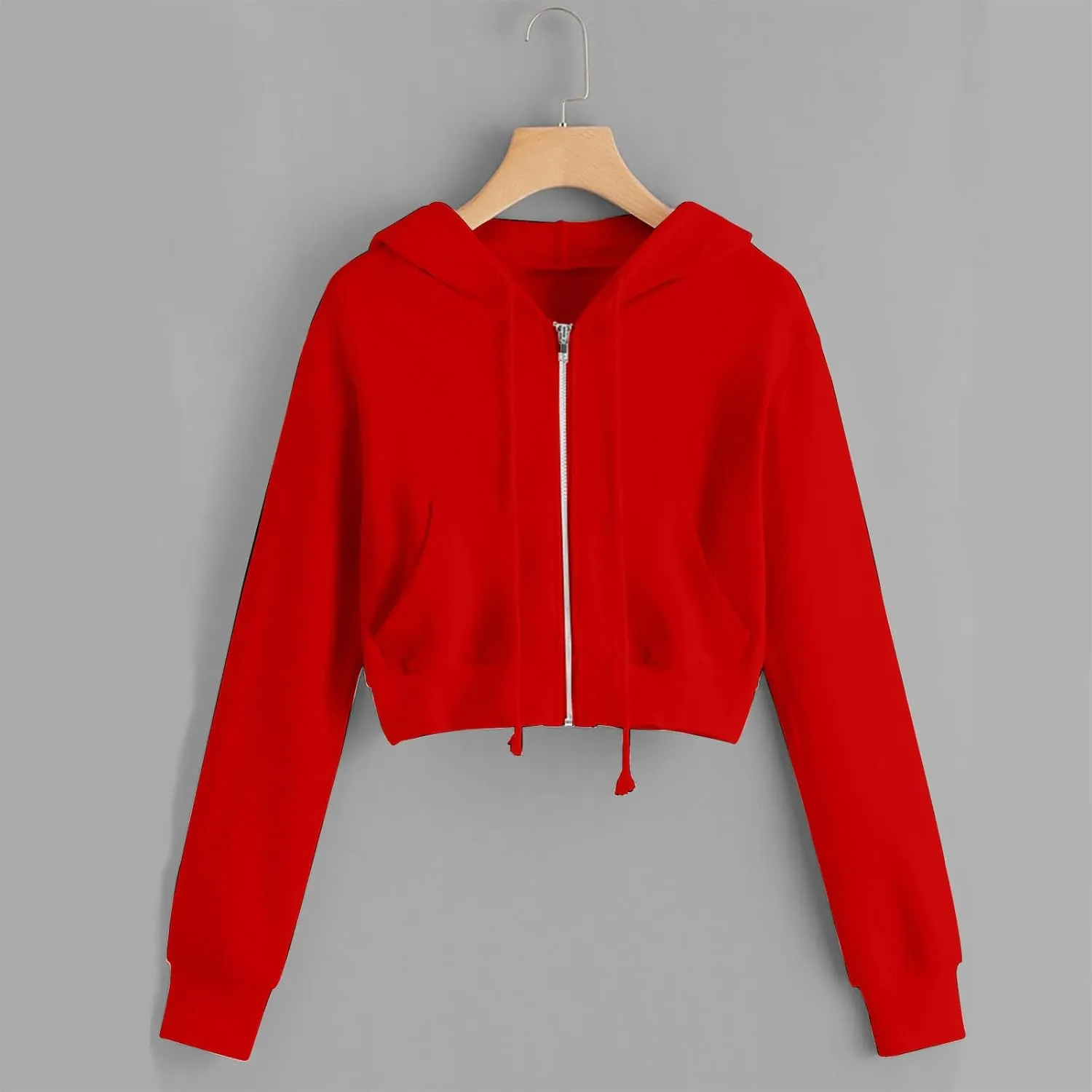 Binmer Zip Up Hoodie Women Cropped Sweatshirts Casual Long Sleeve Drawstring Hooded Jacket Workout Crop Tops with Pockets