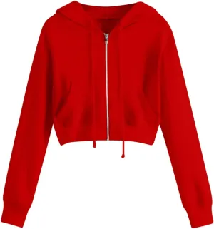 Binmer Zip Up Hoodie Women Cropped Sweatshirts Casual Long Sleeve Drawstring Hooded Jacket Workout Crop Tops with Pockets