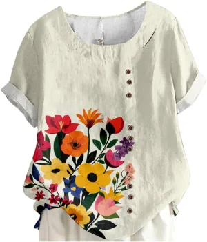 Boho Floral Linen Tops for Women Crewneck Short Sleeve Summer Beach Cotton Shirt Blouses