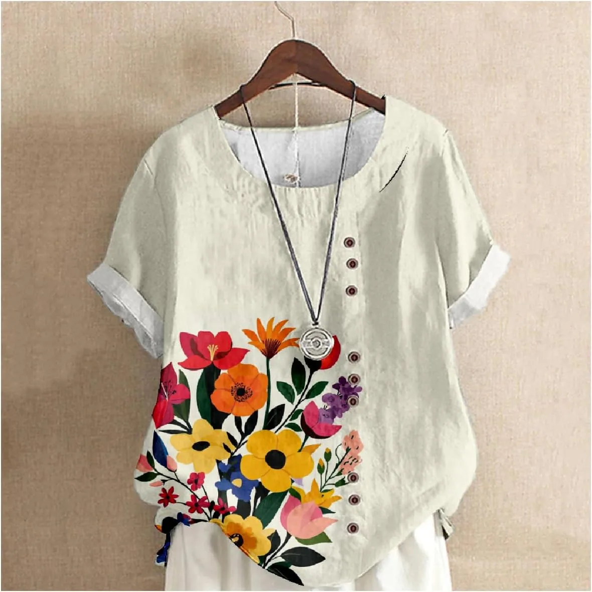 Boho Floral Linen Tops for Women Crewneck Short Sleeve Summer Beach Cotton Shirt Blouses