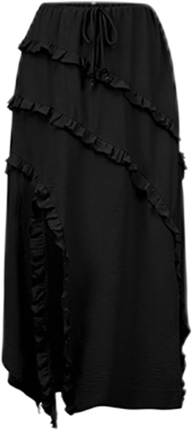 Boho Skirts for Women Solid Color Lace Up Waist Tiered Skirt Asymmetrical Ruffle Hem Beach Vacation Maxi Skirt