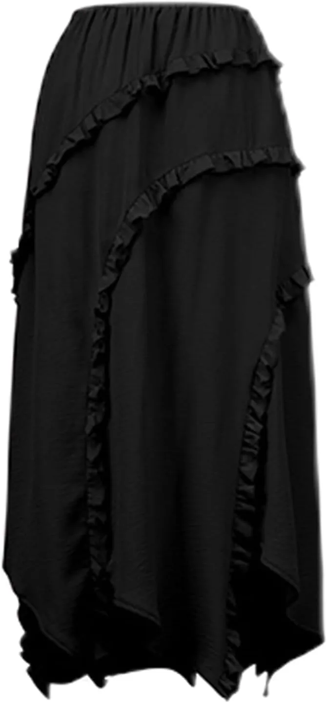 Boho Skirts for Women Solid Color Lace Up Waist Tiered Skirt Asymmetrical Ruffle Hem Beach Vacation Maxi Skirt