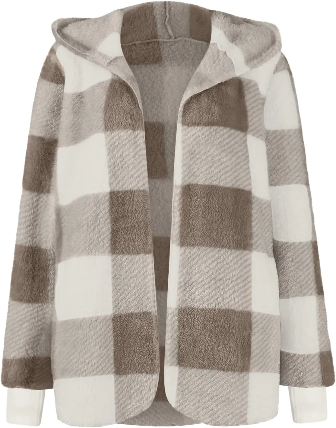 Buffalo Plaid Cardigan for Women Comfy Fuzzy Cable Knit Sweaters Color Block Long Sleeve Hooded Open Front Cardigan