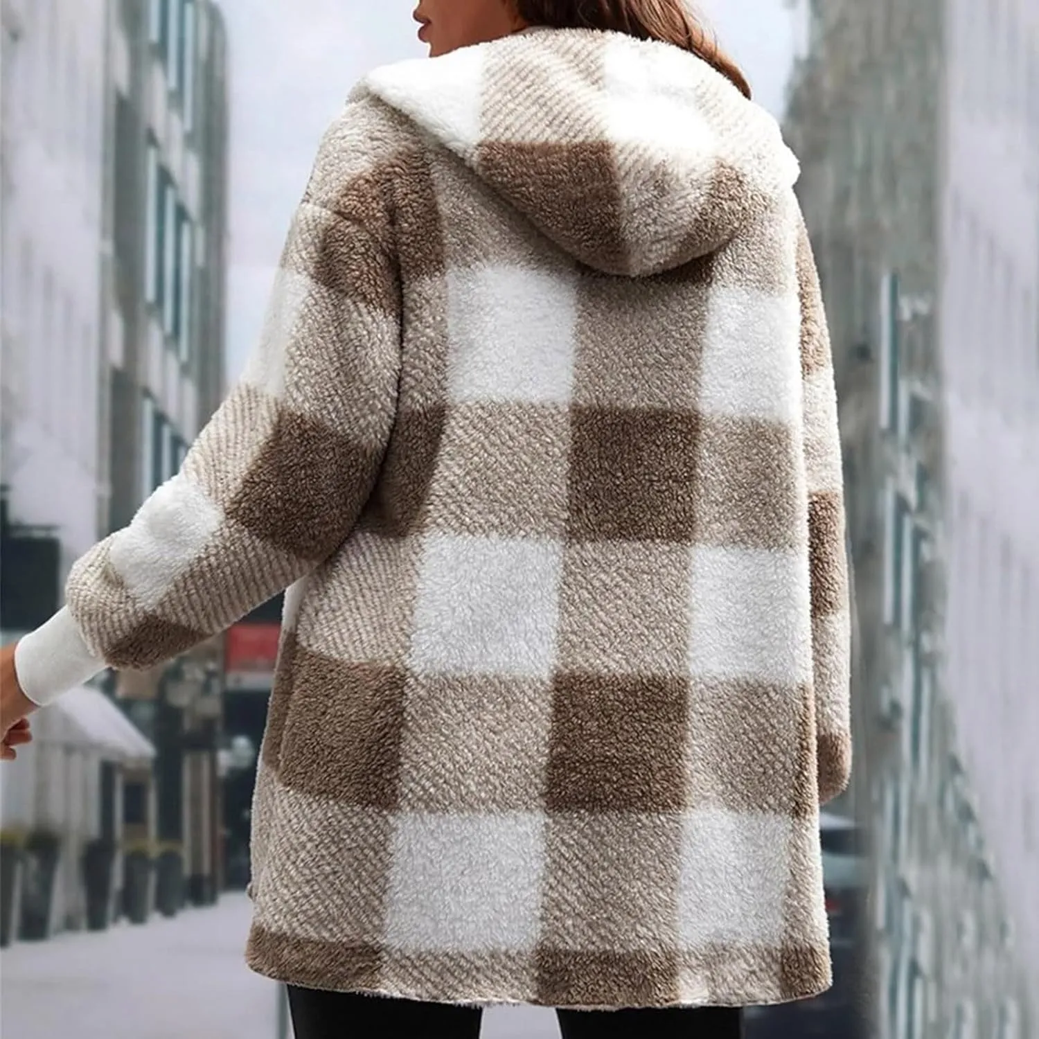 Buffalo Plaid Cardigan for Women Comfy Fuzzy Cable Knit Sweaters Color Block Long Sleeve Hooded Open Front Cardigan