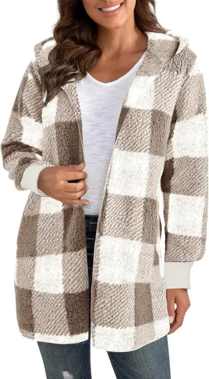 Buffalo Plaid Cardigan for Women Comfy Fuzzy Cable Knit Sweaters Color Block Long Sleeve Hooded Open Front Cardigan