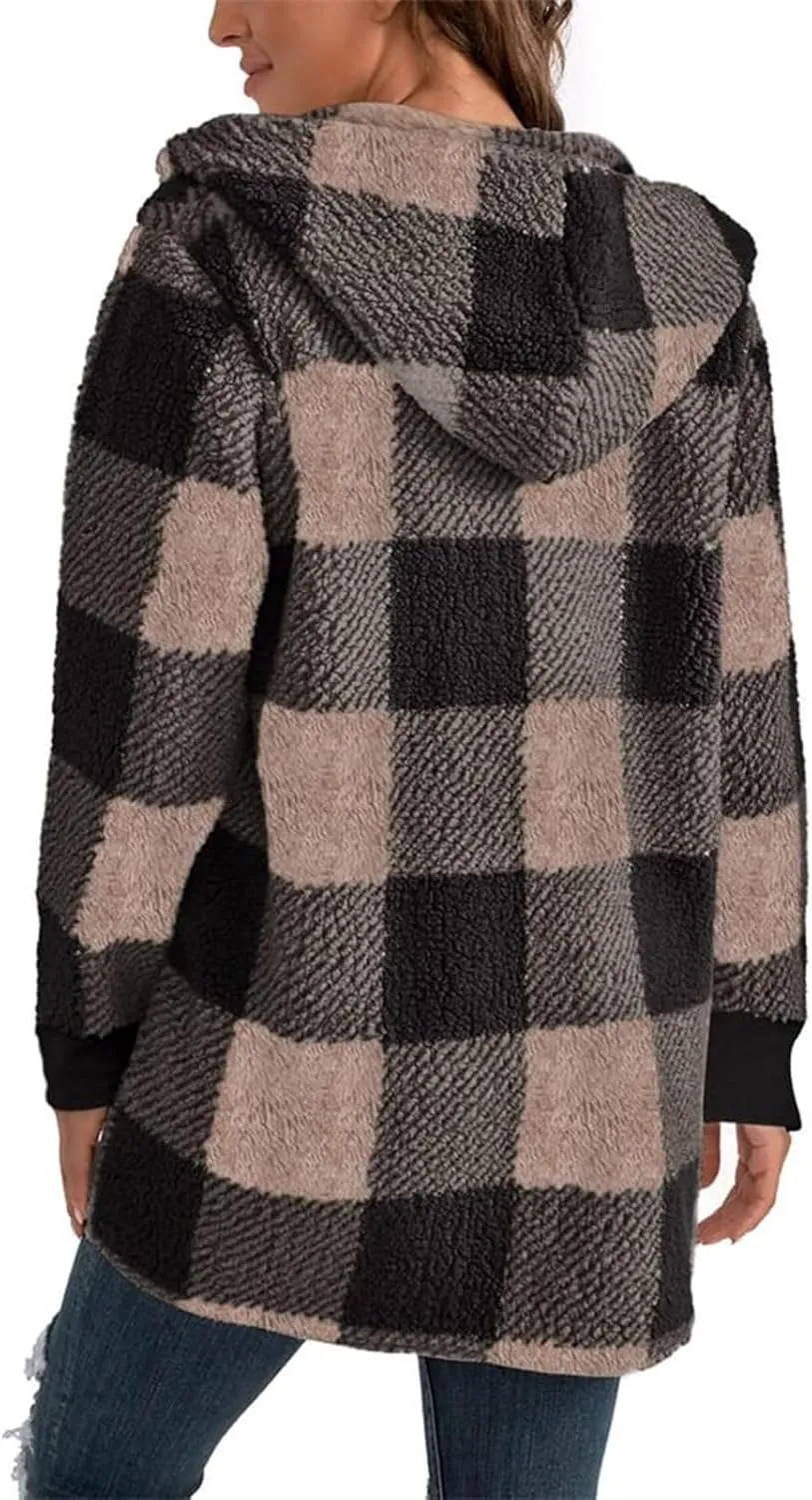 Buffalo Plaid Cardigan for Women Comfy Fuzzy Cable Knit Sweaters Color Block Long Sleeve Hooded Open Front Cardigan