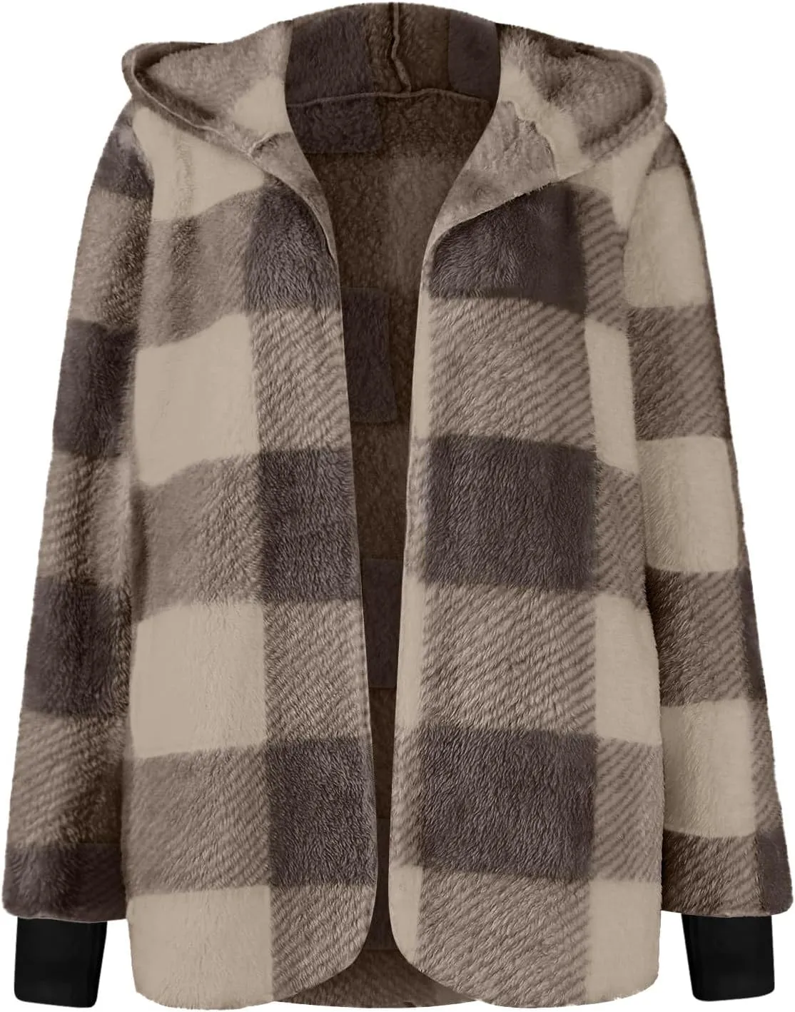 Buffalo Plaid Cardigan for Women Comfy Fuzzy Cable Knit Sweaters Color Block Long Sleeve Hooded Open Front Cardigan