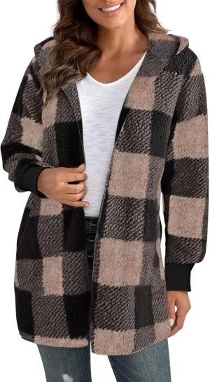 Buffalo Plaid Cardigan for Women Comfy Fuzzy Cable Knit Sweaters Color Block Long Sleeve Hooded Open Front Cardigan