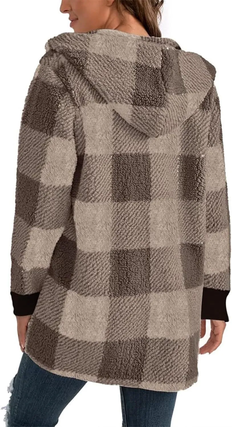 Buffalo Plaid Cardigan for Women Comfy Fuzzy Cable Knit Sweaters Color Block Long Sleeve Hooded Open Front Cardigan