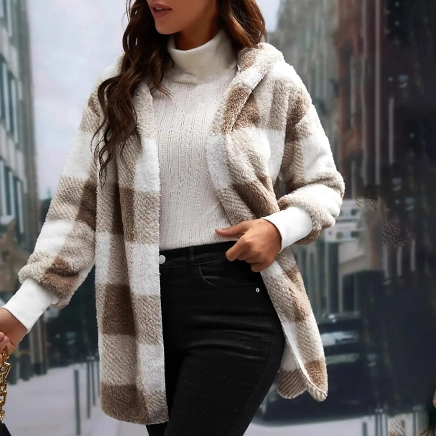 Buffalo Plaid Cardigan for Women Comfy Fuzzy Cable Knit Sweaters Color Block Long Sleeve Hooded Open Front Cardigan