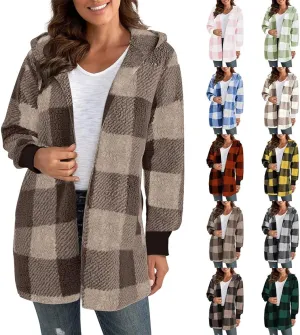 Buffalo Plaid Cardigan for Women Comfy Fuzzy Cable Knit Sweaters Color Block Long Sleeve Hooded Open Front Cardigan