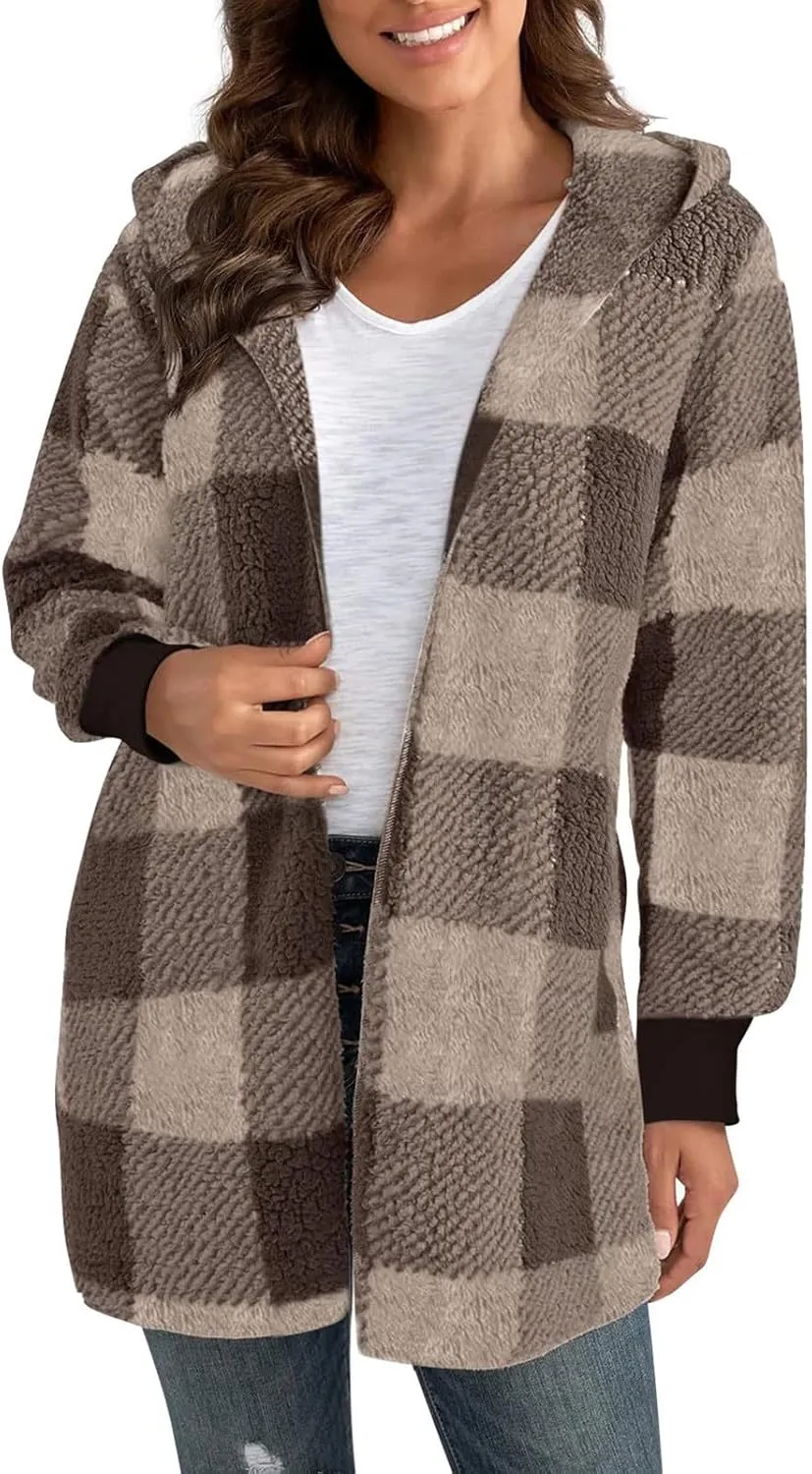 Buffalo Plaid Cardigan for Women Comfy Fuzzy Cable Knit Sweaters Color Block Long Sleeve Hooded Open Front Cardigan