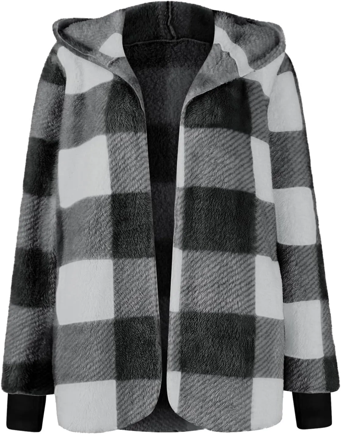 Buffalo Plaid Cardigan for Women Comfy Fuzzy Cable Knit Sweaters Color Block Long Sleeve Hooded Open Front Cardigan