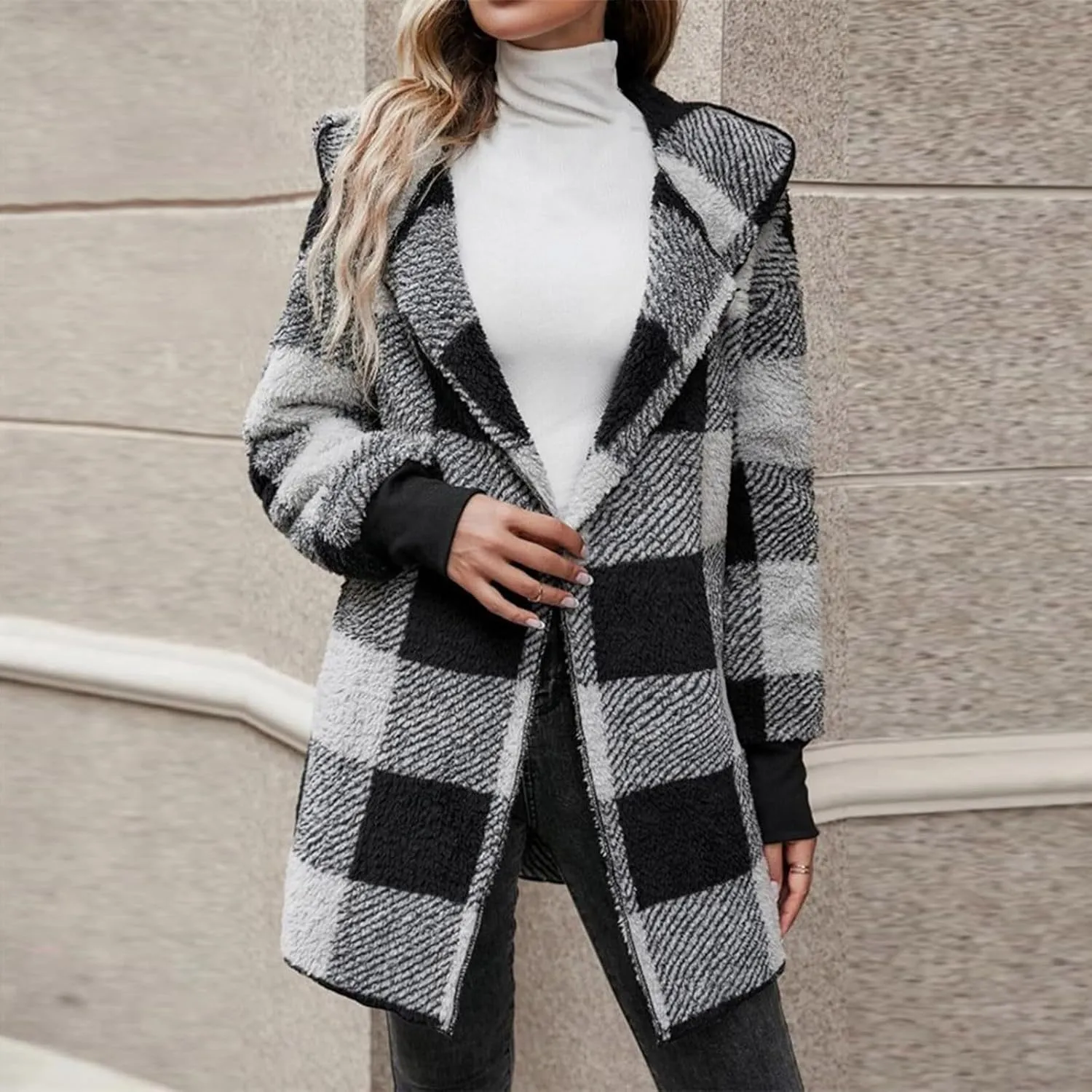 Buffalo Plaid Cardigan for Women Comfy Fuzzy Cable Knit Sweaters Color Block Long Sleeve Hooded Open Front Cardigan