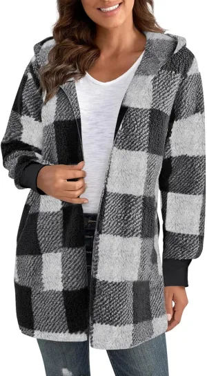 Buffalo Plaid Cardigan for Women Comfy Fuzzy Cable Knit Sweaters Color Block Long Sleeve Hooded Open Front Cardigan