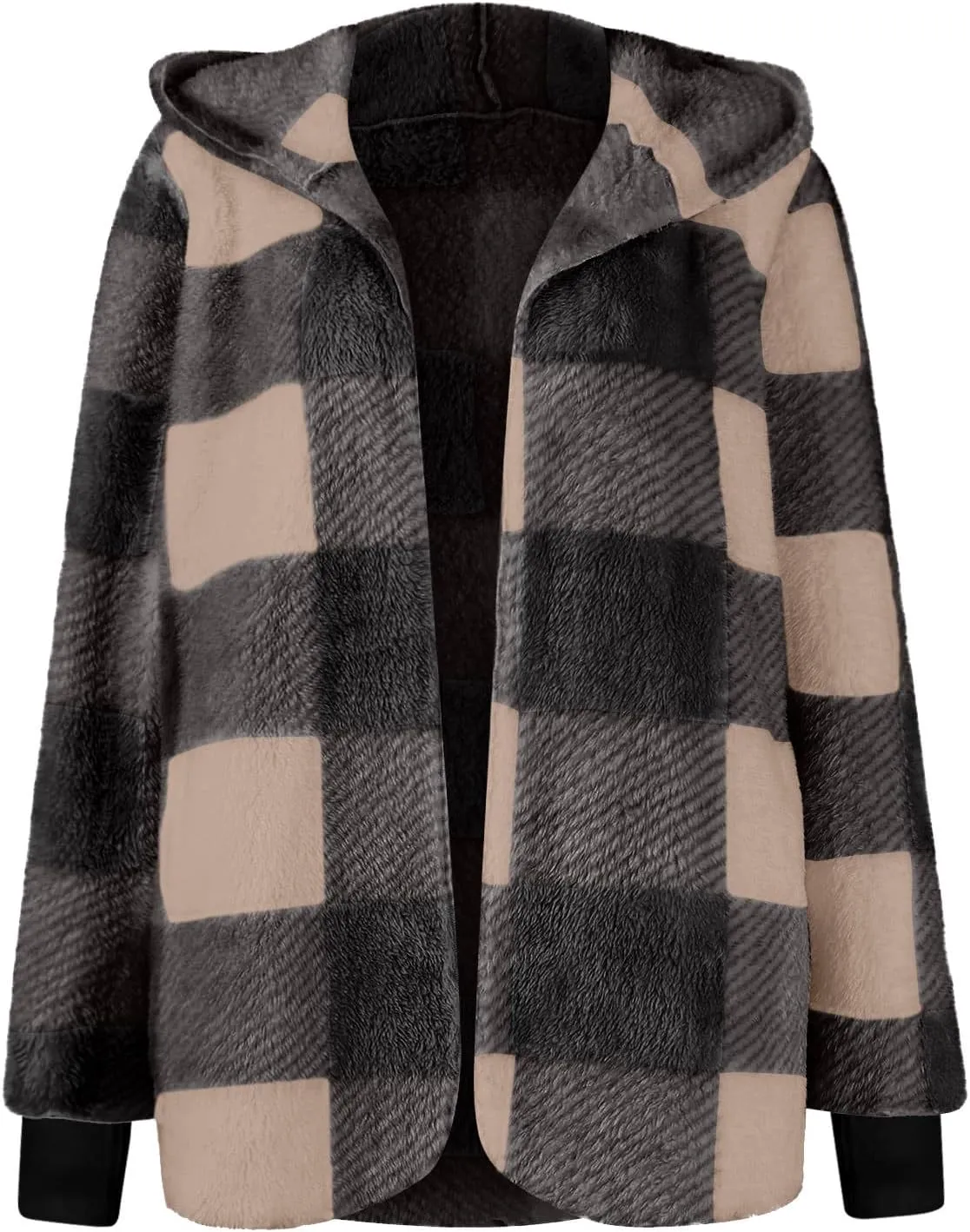 Buffalo Plaid Cardigan for Women Comfy Fuzzy Cable Knit Sweaters Color Block Long Sleeve Hooded Open Front Cardigan