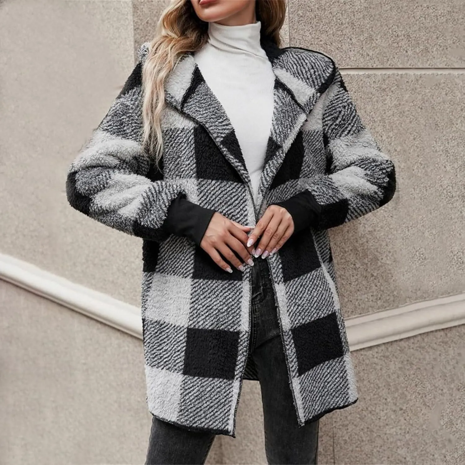 Buffalo Plaid Cardigan for Women Comfy Fuzzy Cable Knit Sweaters Color Block Long Sleeve Hooded Open Front Cardigan