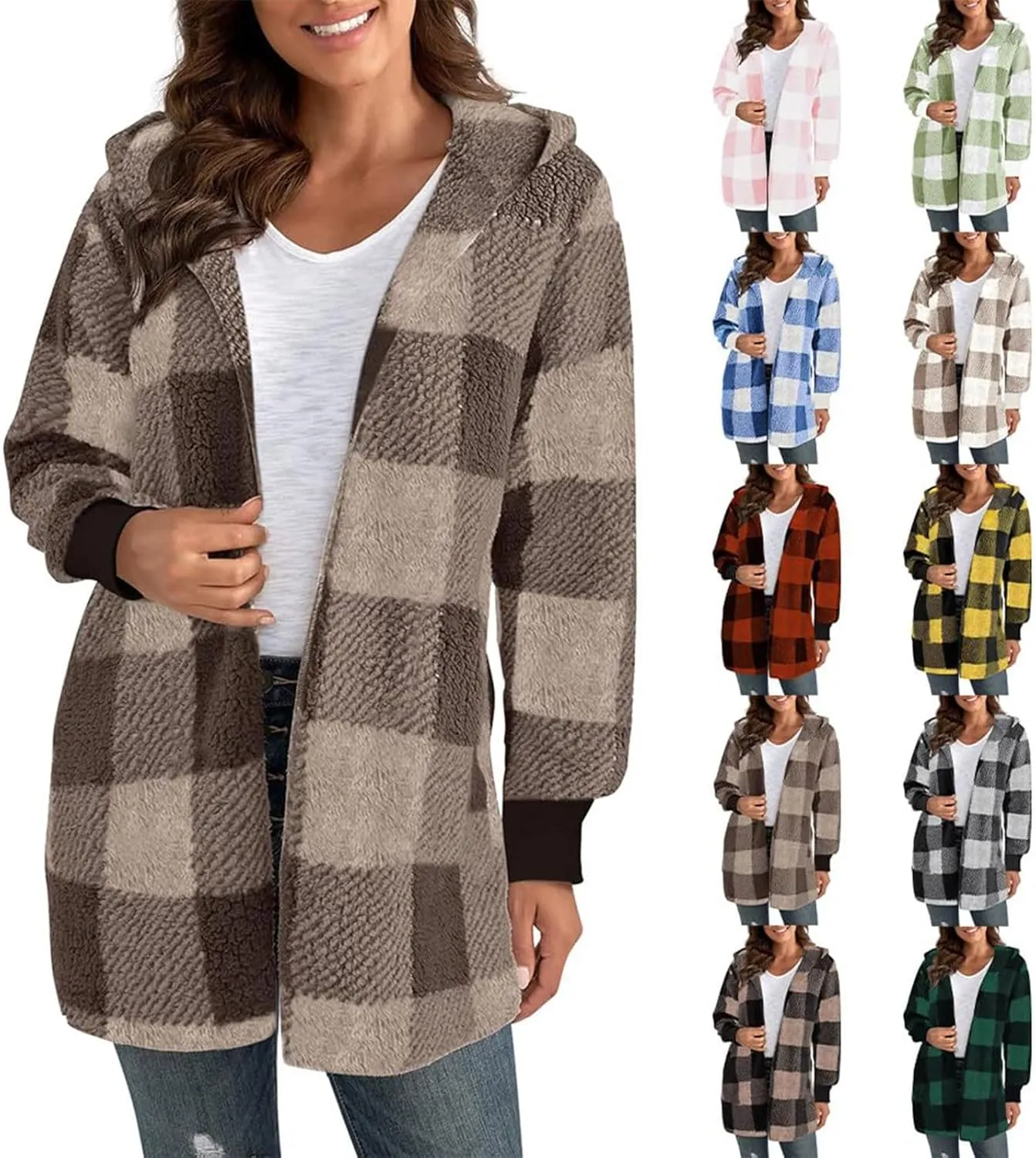 Buffalo Plaid Cardigan for Women Comfy Fuzzy Cable Knit Sweaters Color Block Long Sleeve Hooded Open Front Cardigan