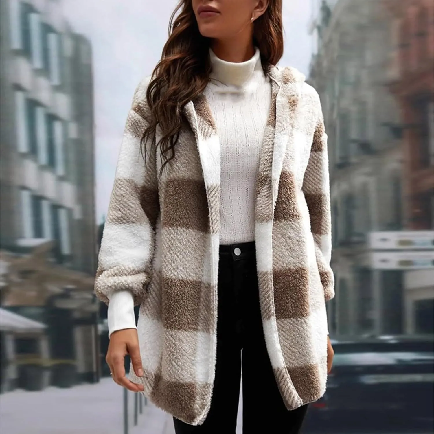 Buffalo Plaid Cardigan for Women Comfy Fuzzy Cable Knit Sweaters Color Block Long Sleeve Hooded Open Front Cardigan