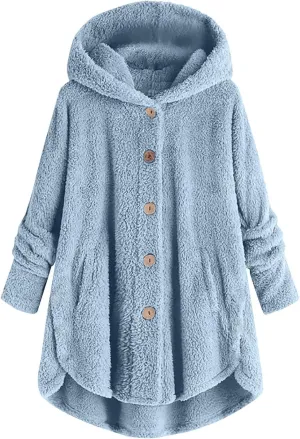 Button Down Cloak Jackets for Women Long Sleeve Fall Hoodies Fuzzy Flannel Jacket Coats Side Slit High Low Outerwears