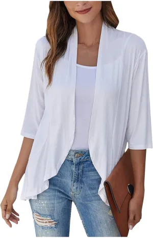 Cardigan for Women Open Front Solid Color Draped Light Cardigans Ruffle 3/4 Sleeve Elegant Work Motorcycle Jacket