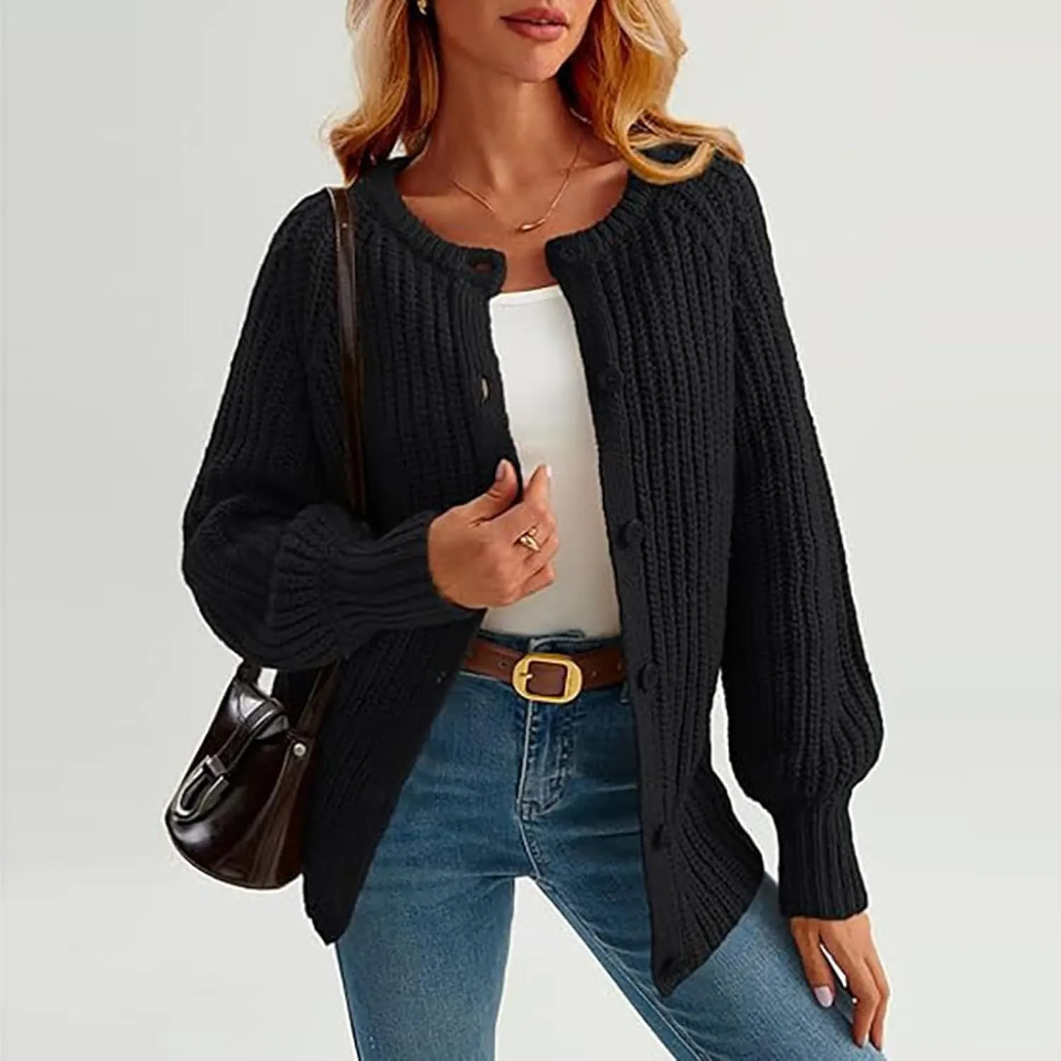 Cardigan Sweaters for Women Loose Fit Button Chunky Knit Sweater Fall Crew Neck Long Sleeve Open Front Cardigan