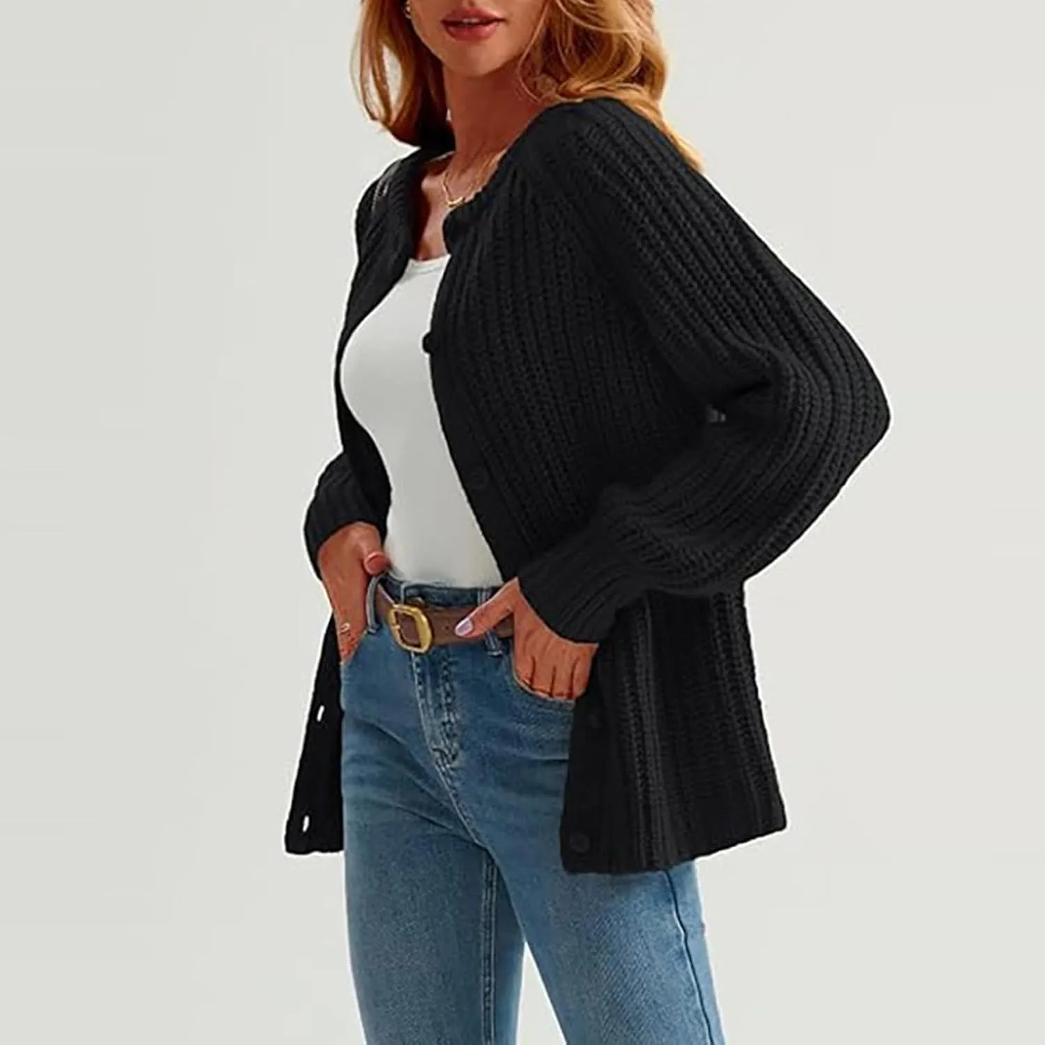 Cardigan Sweaters for Women Loose Fit Button Chunky Knit Sweater Fall Crew Neck Long Sleeve Open Front Cardigan
