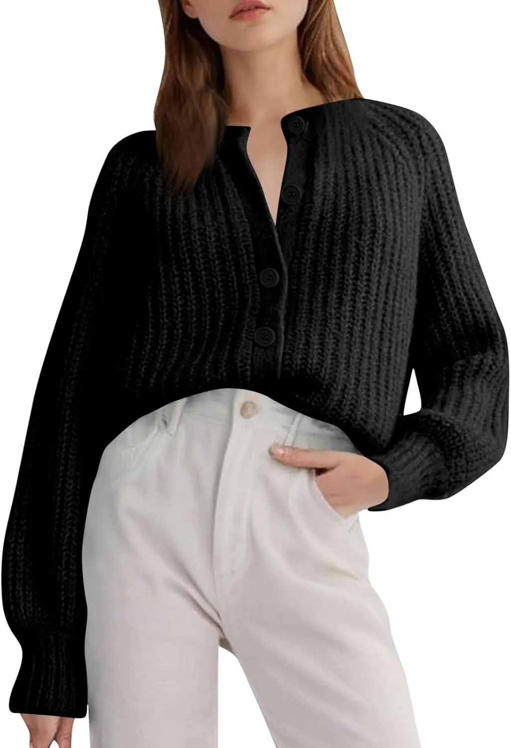 Cardigan Sweaters for Women Loose Fit Button Chunky Knit Sweater Fall Crew Neck Long Sleeve Open Front Cardigan