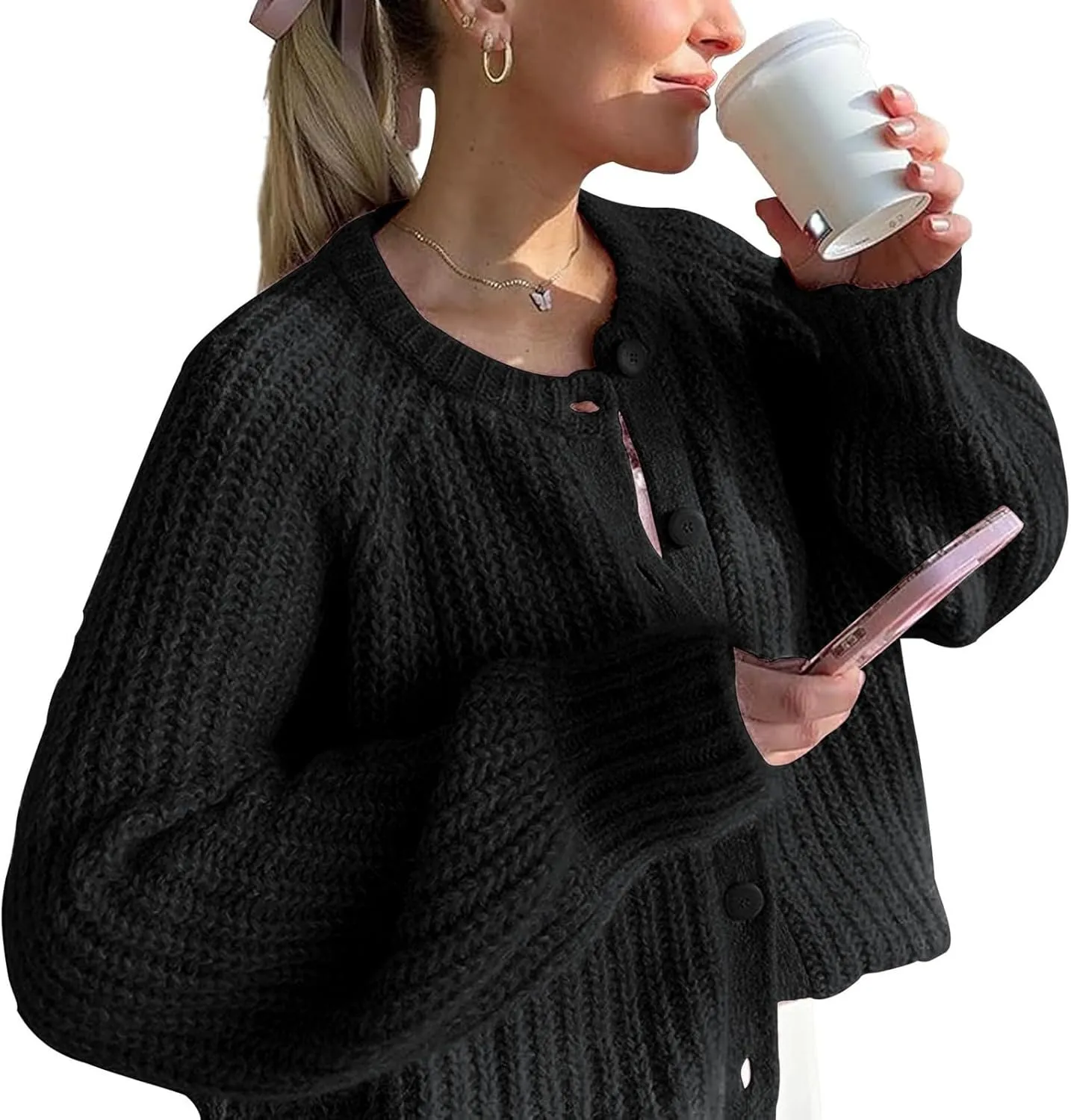 Cardigan Sweaters for Women Loose Fit Button Chunky Knit Sweater Fall Crew Neck Long Sleeve Open Front Cardigan