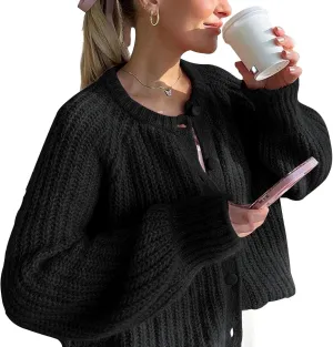 Cardigan Sweaters for Women Loose Fit Button Chunky Knit Sweater Fall Crew Neck Long Sleeve Open Front Cardigan