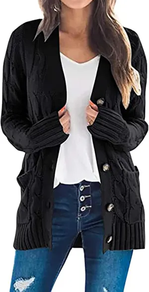Cardigan Sweaters for Women Trendy Button Down Cable Knit Chunky Coat Fashion Open Front Outwear with Pockets